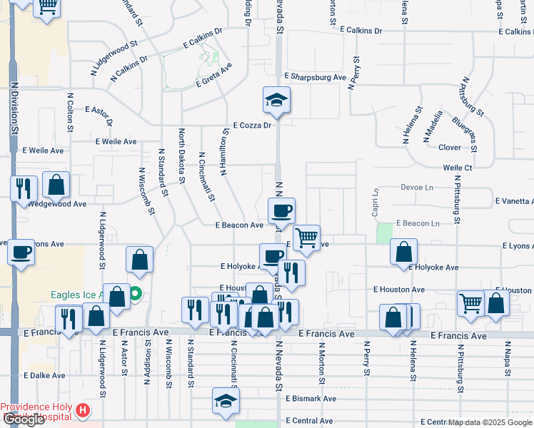 map of restaurants, bars, coffee shops, grocery stores, and more near 911 East Beacon Avenue in Spokane
