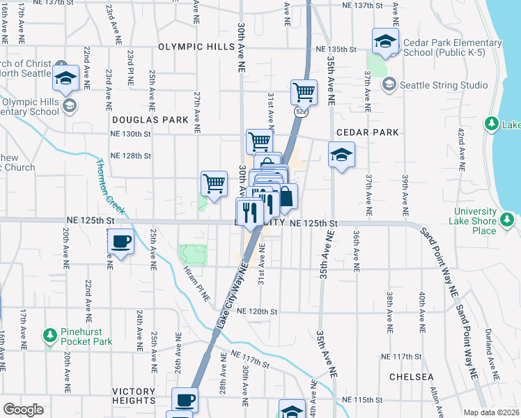 map of restaurants, bars, coffee shops, grocery stores, and more near 12506 Lake City Way Northeast in Seattle