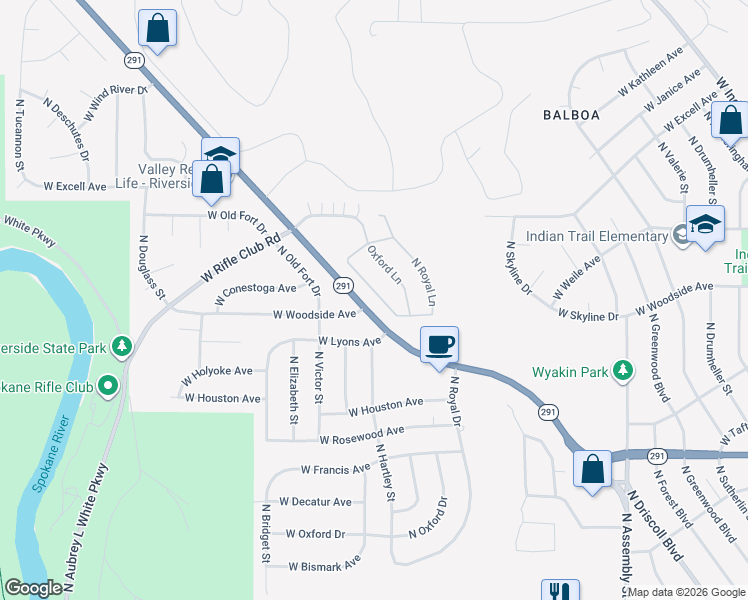 map of restaurants, bars, coffee shops, grocery stores, and more near 6813 North Cambridge Lane in Spokane