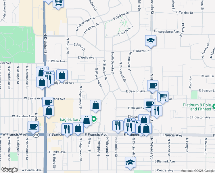 map of restaurants, bars, coffee shops, grocery stores, and more near 6805 North Standard Street in Spokane