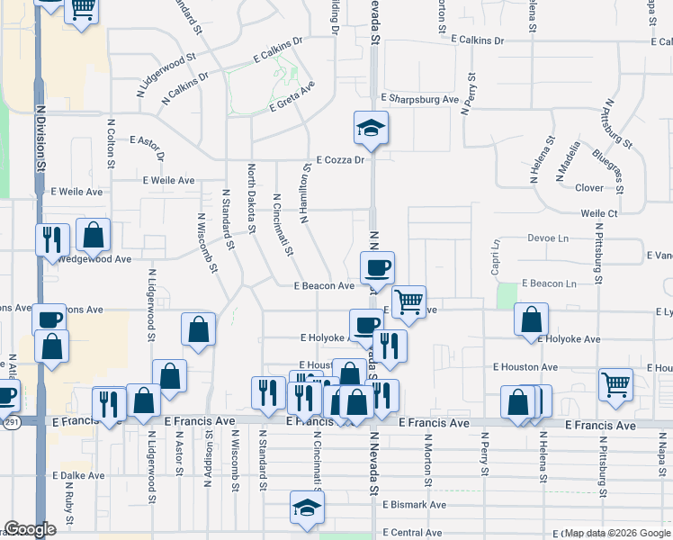 map of restaurants, bars, coffee shops, grocery stores, and more near 6801 North Hamilton Street in Spokane