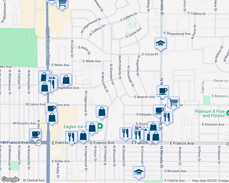 map of restaurants, bars, coffee shops, grocery stores, and more near 6805 North Standard Street in Spokane