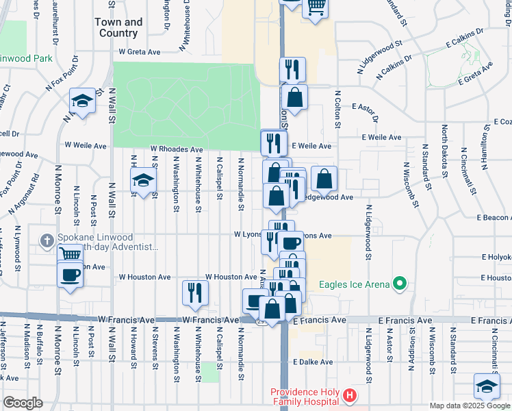 map of restaurants, bars, coffee shops, grocery stores, and more near 6723 North Atlantic Street in Spokane