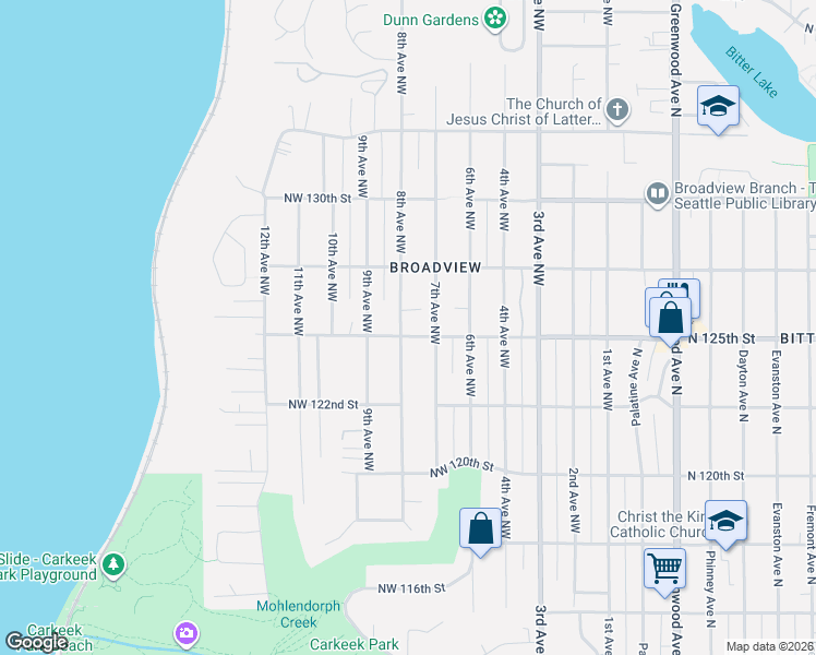 map of restaurants, bars, coffee shops, grocery stores, and more near 709 Northwest 125th Street in Seattle