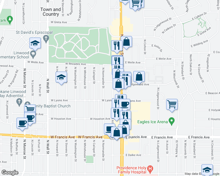 map of restaurants, bars, coffee shops, grocery stores, and more near 6809 North Atlantic Street in Spokane