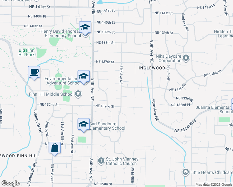 map of restaurants, bars, coffee shops, grocery stores, and more near 8627 Northeast 132nd Place in Kirkland