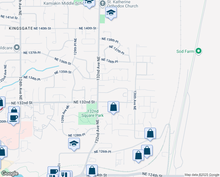 map of restaurants, bars, coffee shops, grocery stores, and more near 13310 Northeast 133rd Street in Kirkland