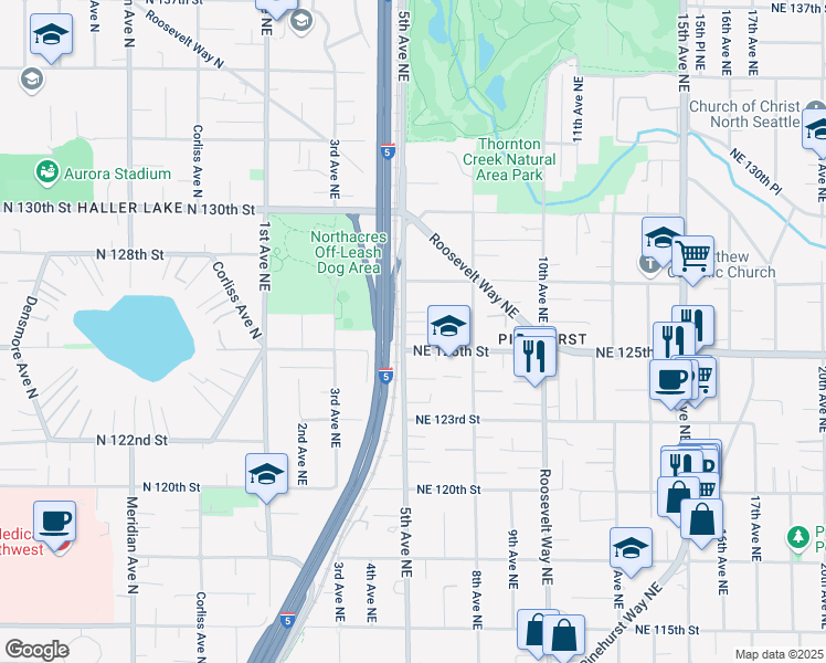 map of restaurants, bars, coffee shops, grocery stores, and more near 505 Northeast 125th Street in Seattle