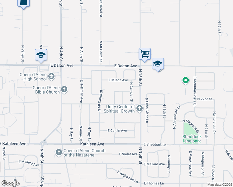 map of restaurants, bars, coffee shops, grocery stores, and more near 4941 North Webster Street in Coeur d'Alene