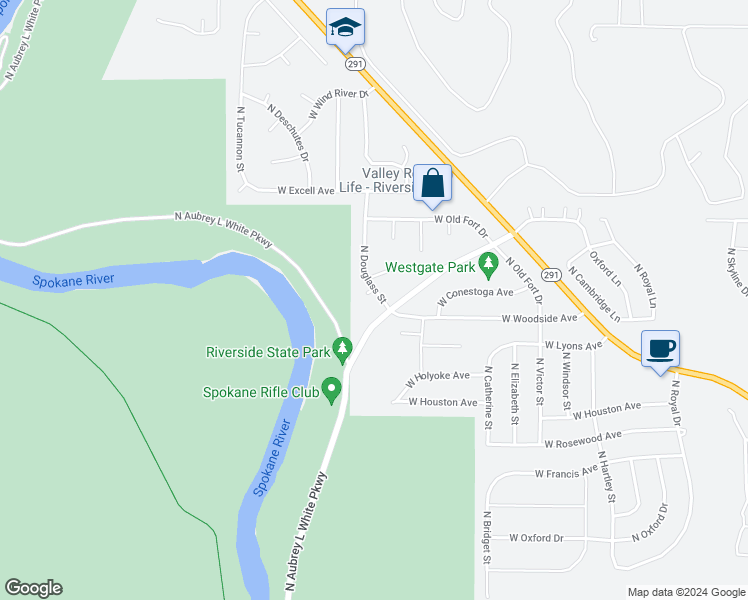 map of restaurants, bars, coffee shops, grocery stores, and more near 6809 North Douglass Street in Spokane