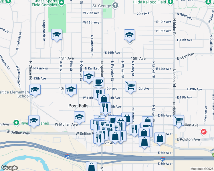 map of restaurants, bars, coffee shops, grocery stores, and more near 106 East 12th Avenue in Post Falls