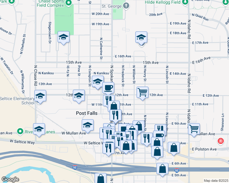 map of restaurants, bars, coffee shops, grocery stores, and more near 106 East 12th Avenue in Post Falls