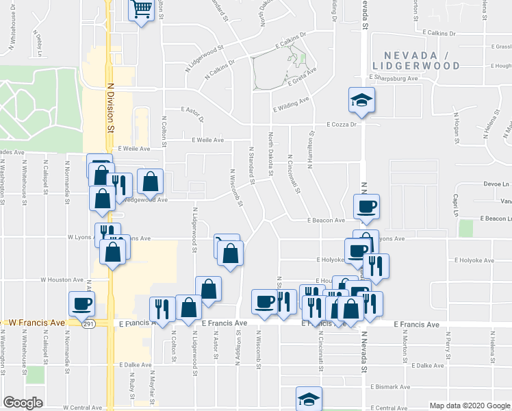 map of restaurants, bars, coffee shops, grocery stores, and more near 6805 North Standard Street in Spokane