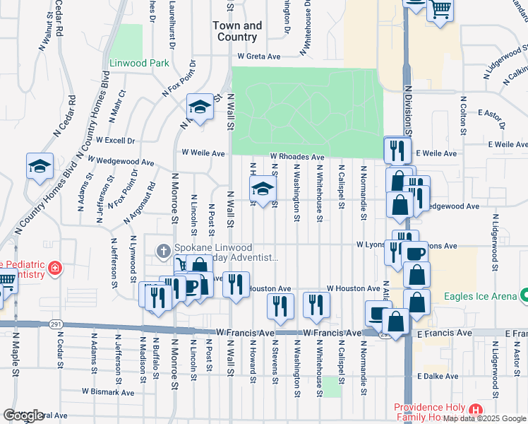 map of restaurants, bars, coffee shops, grocery stores, and more near in Spokane
