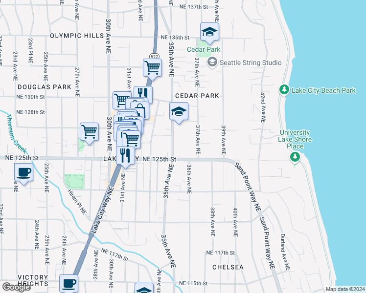map of restaurants, bars, coffee shops, grocery stores, and more near in Seattle