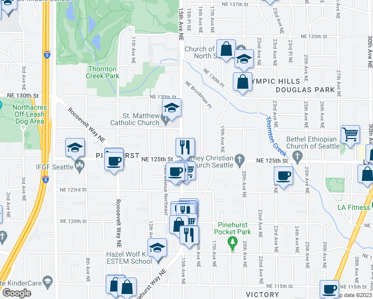 map of restaurants, bars, coffee shops, grocery stores, and more near 12501 17th Avenue Northeast in Seattle