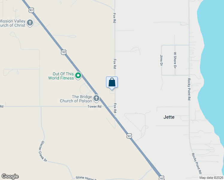 map of restaurants, bars, coffee shops, grocery stores, and more near 33953 Fox Road in Polson