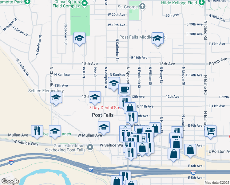 map of restaurants, bars, coffee shops, grocery stores, and more near 1217 North Catherine Street in Post Falls