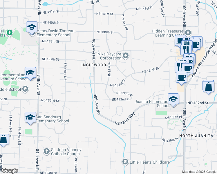 map of restaurants, bars, coffee shops, grocery stores, and more near 9105 Northeast 134th Street in Kirkland