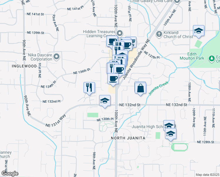 map of restaurants, bars, coffee shops, grocery stores, and more near 13233 100th Avenue Northeast in Kirkland