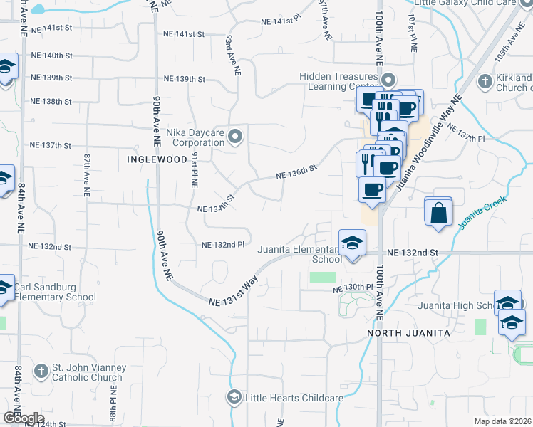 map of restaurants, bars, coffee shops, grocery stores, and more near 13450 95th Avenue Northeast in Kirkland