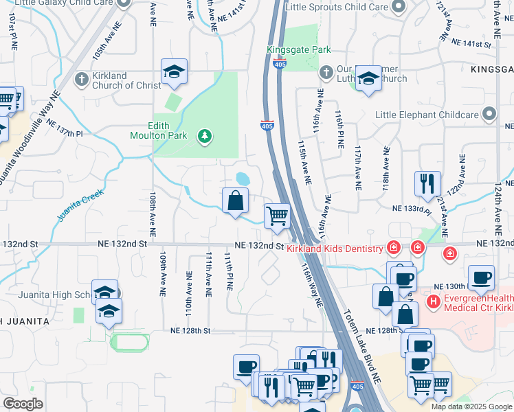 map of restaurants, bars, coffee shops, grocery stores, and more near 11400 Northeast 132nd Street in Kirkland