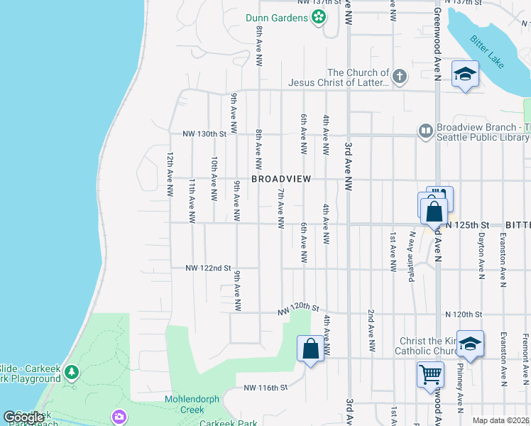 map of restaurants, bars, coffee shops, grocery stores, and more near 709 Northwest 125th Street in Seattle