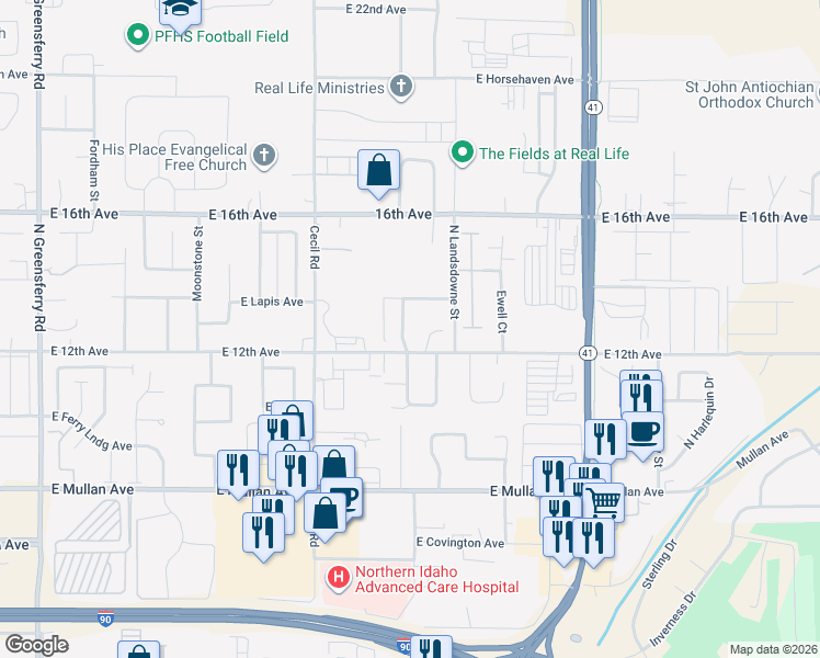 map of restaurants, bars, coffee shops, grocery stores, and more near 1258 Monticello Street in Post Falls