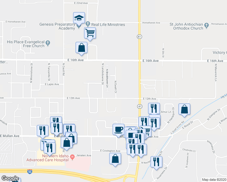 map of restaurants, bars, coffee shops, grocery stores, and more near 1283 North Ewell Court in Post Falls