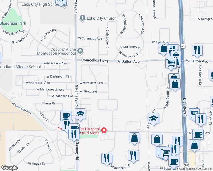 map of restaurants, bars, coffee shops, grocery stores, and more near 1314 West Timor Avenue in Coeur d'Alene