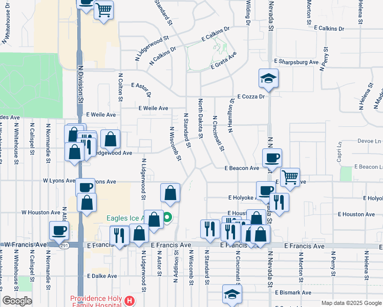 map of restaurants, bars, coffee shops, grocery stores, and more near 6805 North Standard Street in Spokane
