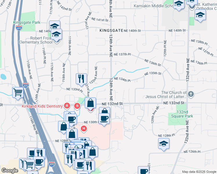 map of restaurants, bars, coffee shops, grocery stores, and more near 13356 122nd Place Northeast in Kirkland
