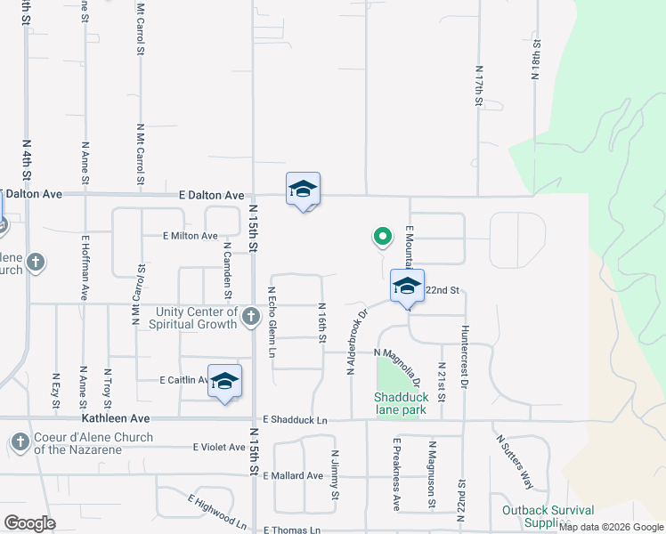 map of restaurants, bars, coffee shops, grocery stores, and more near 4456 North 16th Street in Coeur d'Alene