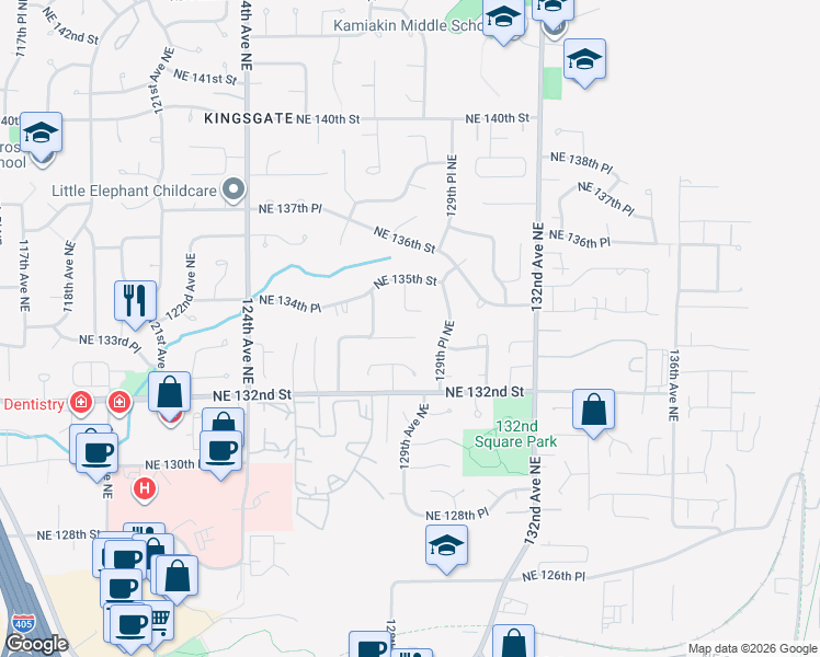 map of restaurants, bars, coffee shops, grocery stores, and more near 12728 Northeast 133rd Place in Kirkland