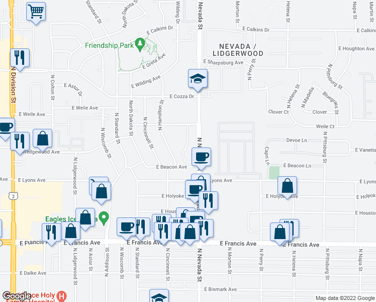 map of restaurants, bars, coffee shops, grocery stores, and more near 930 East Sitka Avenue in Spokane