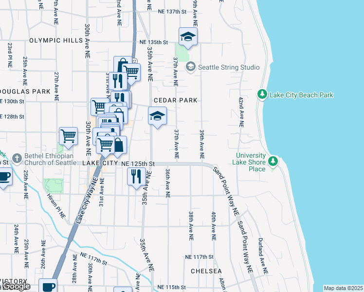 map of restaurants, bars, coffee shops, grocery stores, and more near 12701 39th Avenue Northeast in Seattle