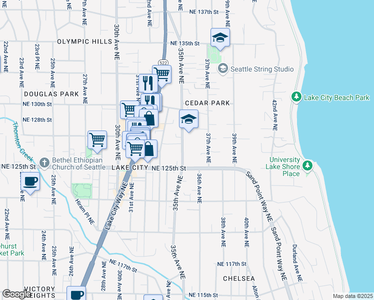 map of restaurants, bars, coffee shops, grocery stores, and more near 12558 35th Avenue Northeast in Seattle