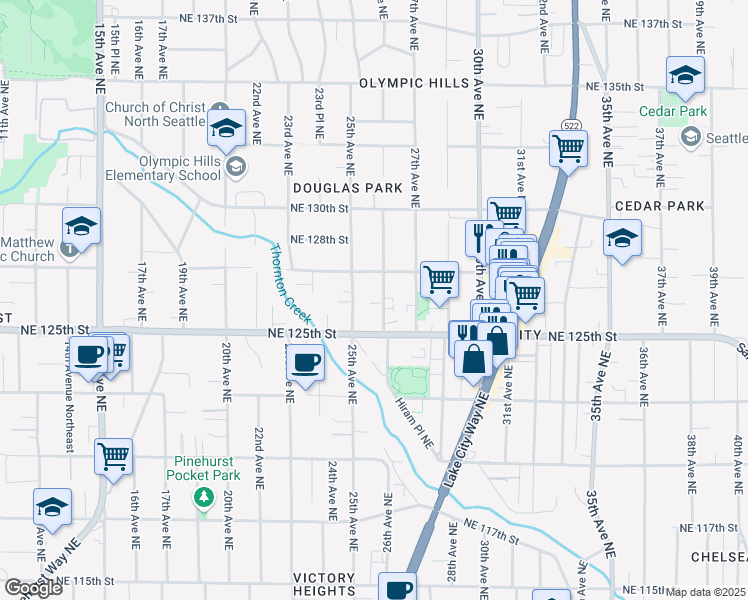 map of restaurants, bars, coffee shops, grocery stores, and more near 12555 26th Avenue Northeast in Seattle