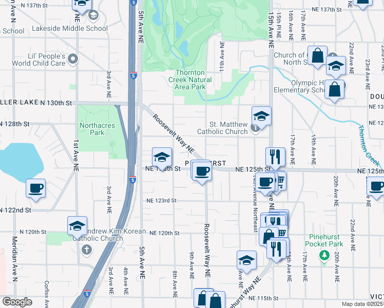 map of restaurants, bars, coffee shops, grocery stores, and more near 837 Northeast 127th Street in Seattle