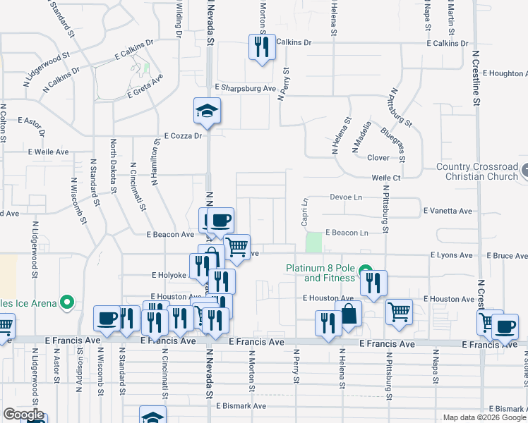 map of restaurants, bars, coffee shops, grocery stores, and more near 1209 East Lyons Avenue in Spokane