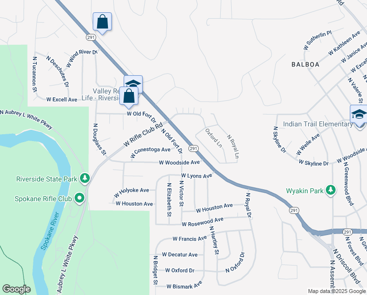 map of restaurants, bars, coffee shops, grocery stores, and more near 6814 North Old Fort Drive in Spokane