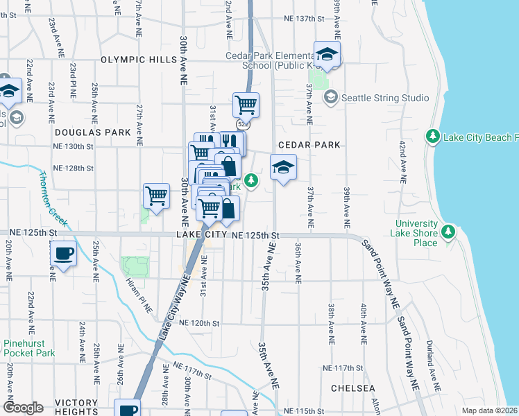 map of restaurants, bars, coffee shops, grocery stores, and more near 12536 33rd Avenue Northeast in Seattle
