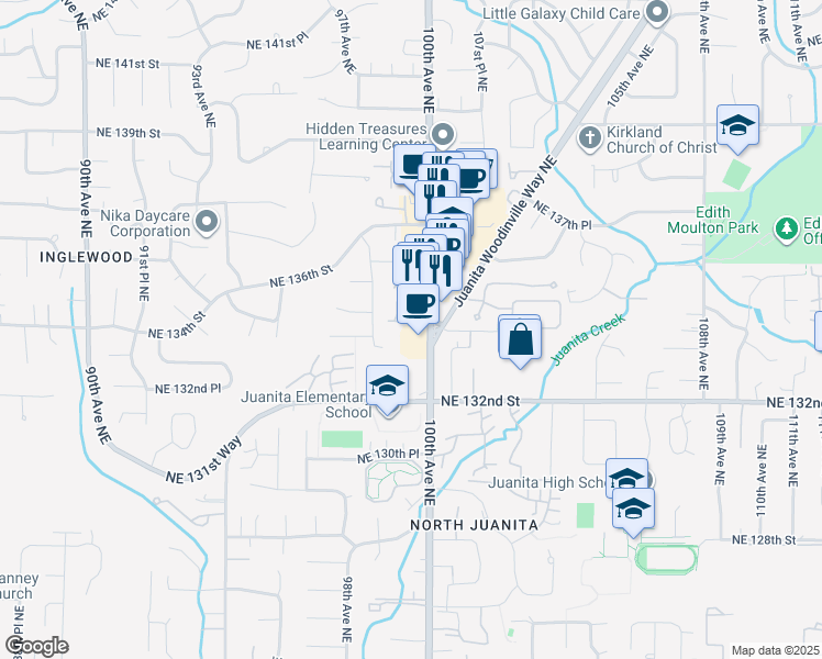 map of restaurants, bars, coffee shops, grocery stores, and more near 9937 Northeast 134th Court in Kirkland