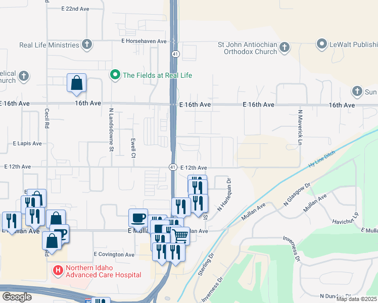 map of restaurants, bars, coffee shops, grocery stores, and more near 1356N Idaho 41 in Post Falls