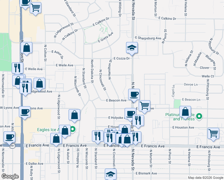 map of restaurants, bars, coffee shops, grocery stores, and more near 6916 North Cincinnati Street in Spokane