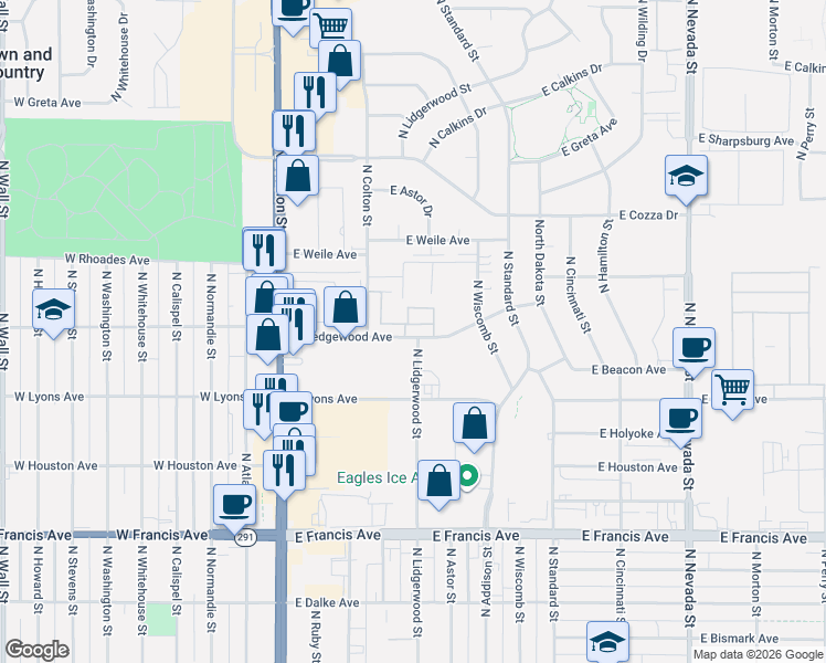 map of restaurants, bars, coffee shops, grocery stores, and more near 219 East Wedgewood Avenue in Spokane