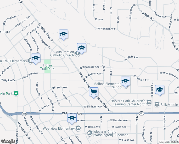 map of restaurants, bars, coffee shops, grocery stores, and more near 3337 West Woodside Avenue in Spokane