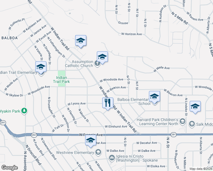 map of restaurants, bars, coffee shops, grocery stores, and more near 3531 West Bruce Avenue in Spokane