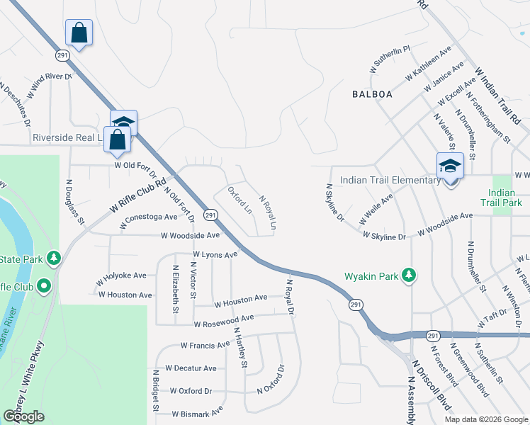 map of restaurants, bars, coffee shops, grocery stores, and more near 6834 North Royal Lane in Spokane