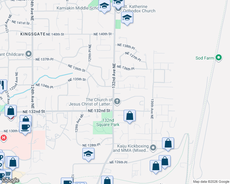 map of restaurants, bars, coffee shops, grocery stores, and more near 13122 Northeast 134th Place in Kirkland